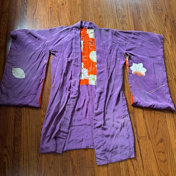 Vintage Purple Silk Kimono with Orange Floral Lining